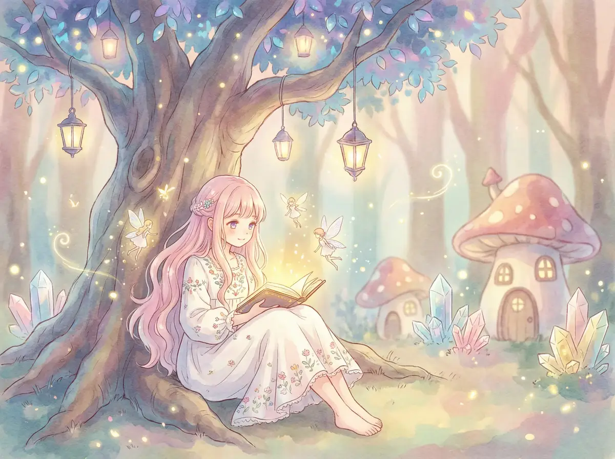 黄网在线观看 - 魔法森林中阅读故事书的粉发少女与精灵